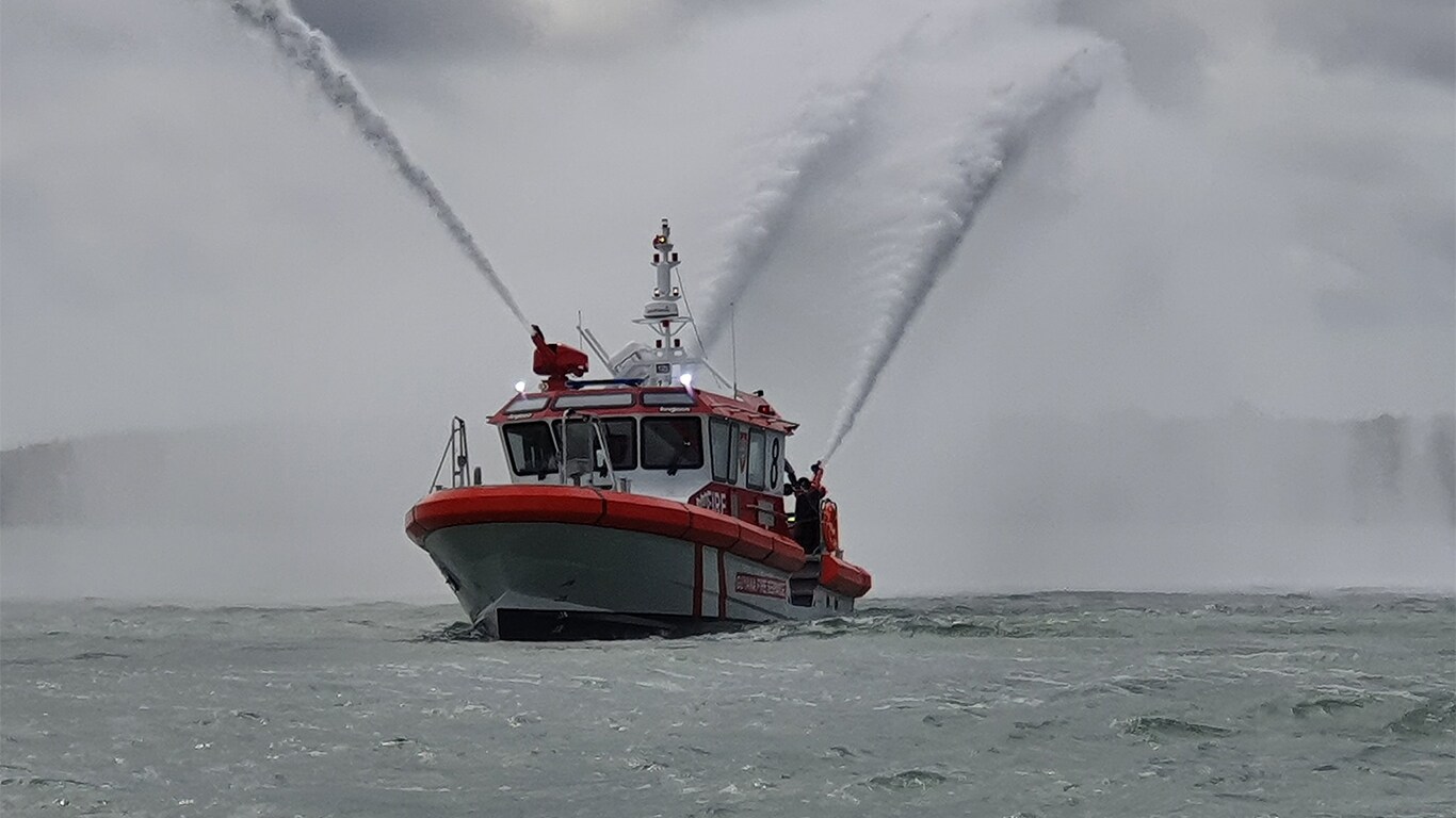 Firefighting Boat Barracuda on the Demerara River With Three Fire Monitors Powered By John Deere Heavy-Duty Marine Engine